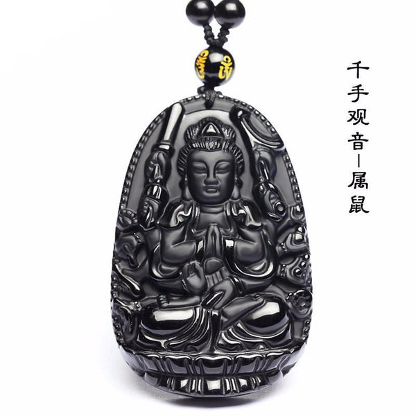 Pendentif Bouddha en pierre naturelle d'obsidienne noire  48*32 mm