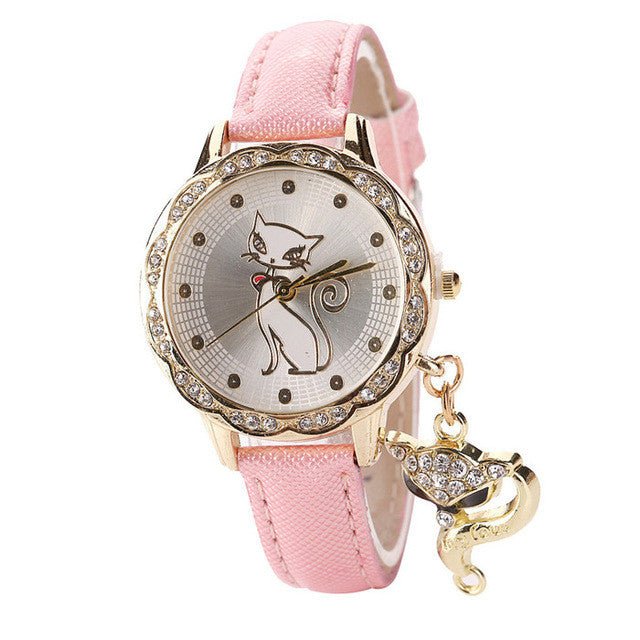 Montre Quartz Collection "Chat Japonais" Mignon pour Femmes - Bracelet en cuir