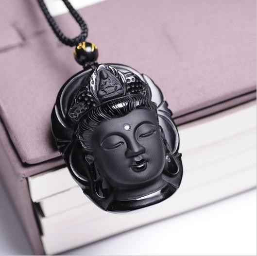 Collier et Pendentif tête de Bouddha en pierre naturelle d'obsidienne