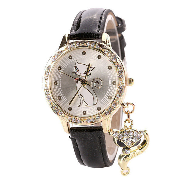 Montre Quartz Collection "Chat Japonais" Mignon pour Femmes - Bracelet en cuir