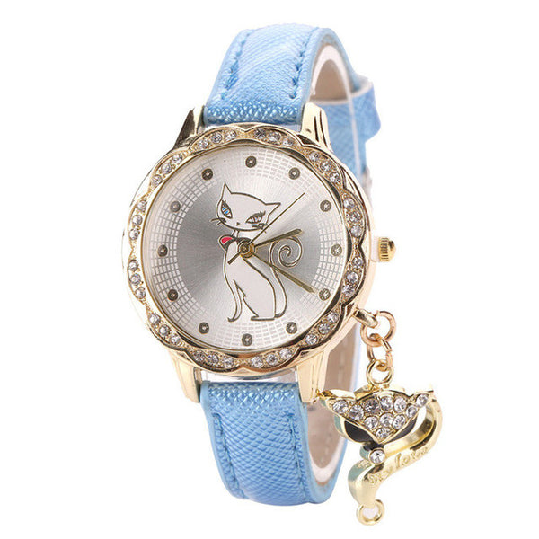 Montre Quartz Collection "Chat Japonais" Mignon pour Femmes - Bracelet en cuir
