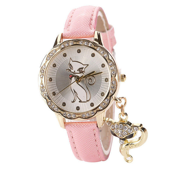 Montre Quartz Collection "Chat Japonais" Mignon pour Femmes - Bracelet en cuir