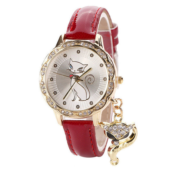 Montre Quartz Collection "Chat Japonais" Mignon pour Femmes - Bracelet en cuir