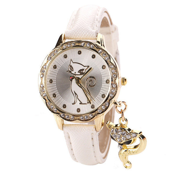Montre Quartz Collection "Chat Japonais" Mignon pour Femmes - Bracelet en cuir