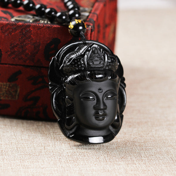 Collier et Pendentif tête de Bouddha en pierre naturelle d'obsidienne