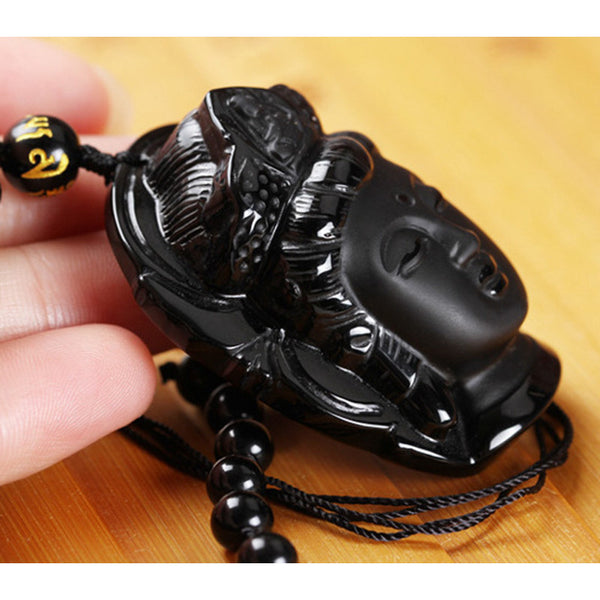 Collier et Pendentif tête de Bouddha en pierre naturelle d'obsidienne