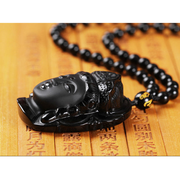 Collier et Pendentif tête de Bouddha en pierre naturelle d'obsidienne