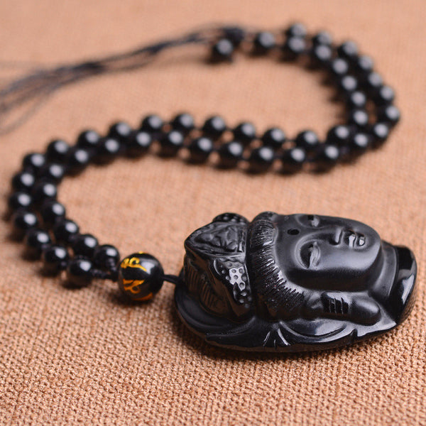 Collier et Pendentif tête de Bouddha en pierre naturelle d'obsidienne