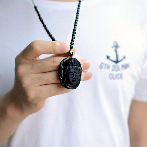 Collier et Pendentif tête de Bouddha en pierre naturelle d'obsidienne