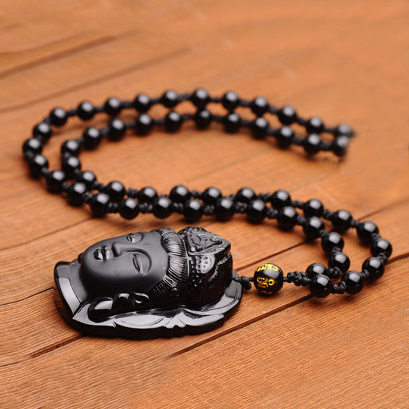 Collier et Pendentif tête de Bouddha en pierre naturelle d'obsidienne