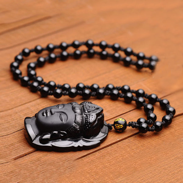 Collier et Pendentif tête de Bouddha en pierre naturelle d'obsidienne