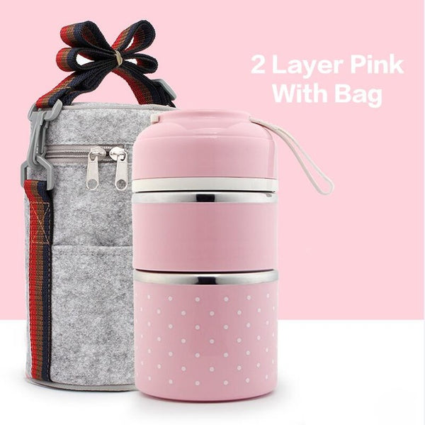 lunch box bento isotherme chaud compartimentée japonaise avec 3 compartiments et un sac isotherme, couleur rose.