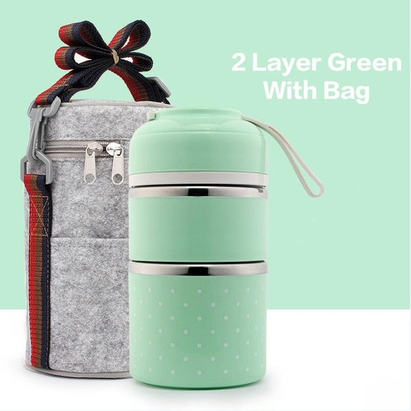 lunch box  bento isotherme  chaud  compartimentée japonaise avec 3 compartiments  et un sac, couleur verte.