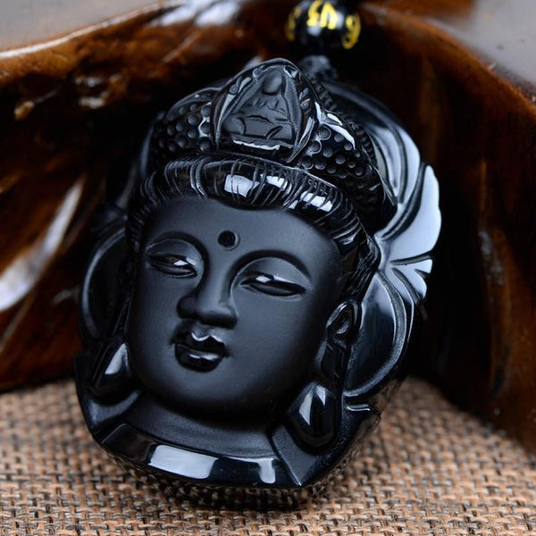Collier et Pendentif tête de Bouddha en pierre naturelle d'obsidienne
